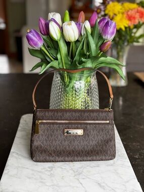 Michael Kors Brown Logo Jacquard Wristlet with Gold Hardware